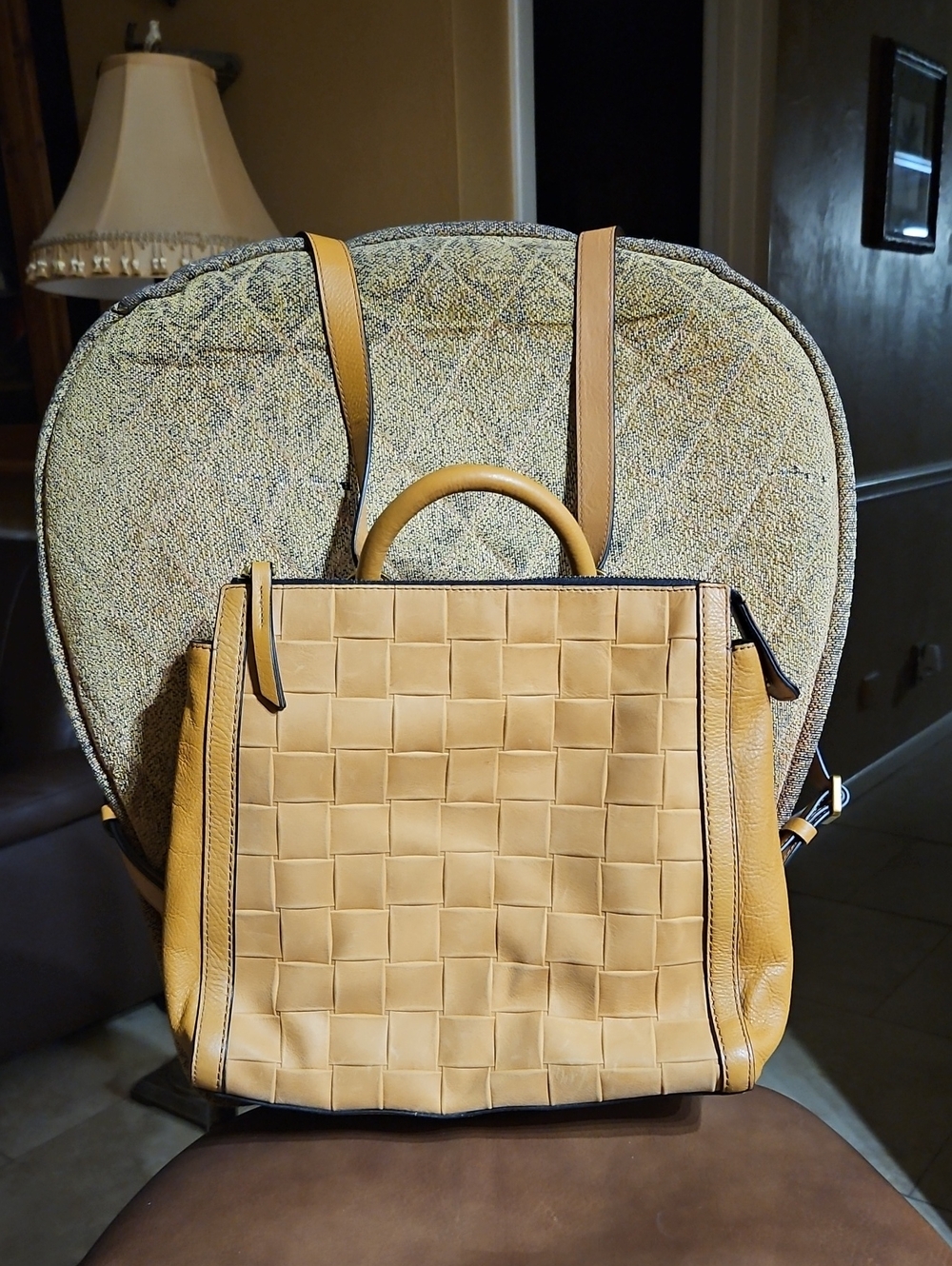 Fossil Parker Tan Woven Leather Convertible Backpack Bag Purse